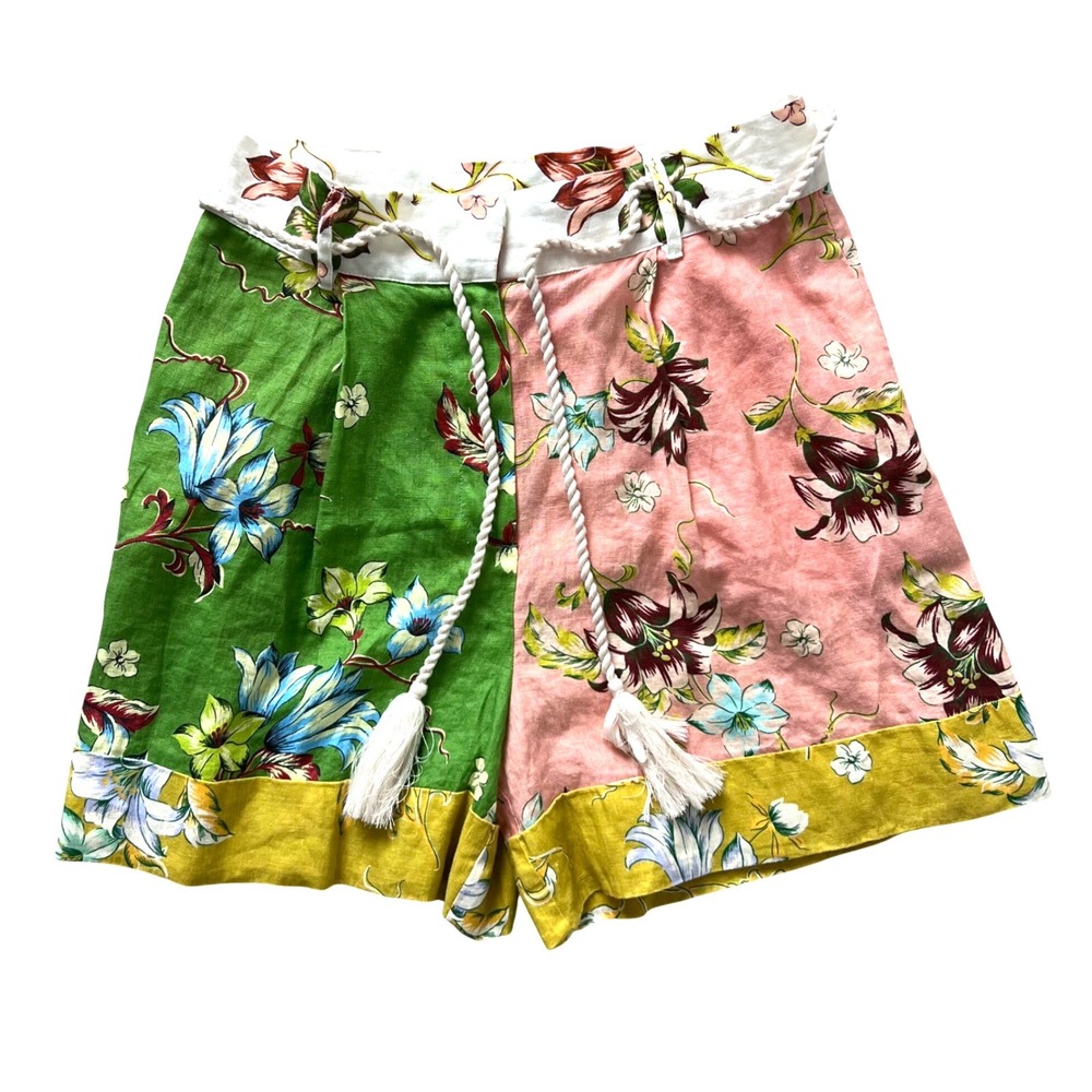 Megachoni 100% Linen Floral Patchwork Shorts Size 6 Tassel Rope Belt MSRP $168‎